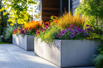 Fototapeta premium Row of colorful flowers in concrete planters.