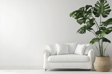 White Sofa Minimalist Living Room Decor Monstera Plant