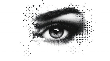 Dramatic Monochrome Eye Close up with Abstract Halftone and Splash Design Elements