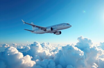 Fototapeta premium A passenger plane flies above the clouds in a clear sky. Travel concept.