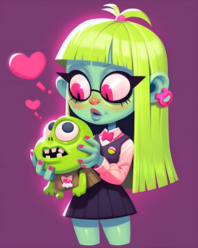 Cartoon chibi girl with frog in her hands. Character design illustration.