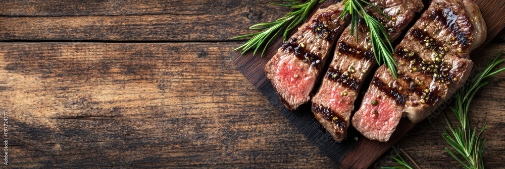 Aufkleber Grilled beef steaks garnished with fresh rosemary on rustic wooden table with empty space for text overlay. Generative AI