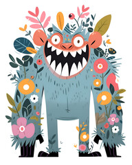 Cartoon blue monster with a flower on white background.  Character design illustration.