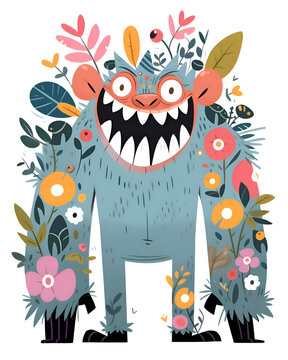 Cartoon blue monster with a flower on white background.  Character design illustration.