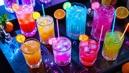 Vividly colored drinks in glasses filled with ice and garnished with citrus slices, showcasing a vibrant and refreshing beverage assortment against a festive background.

