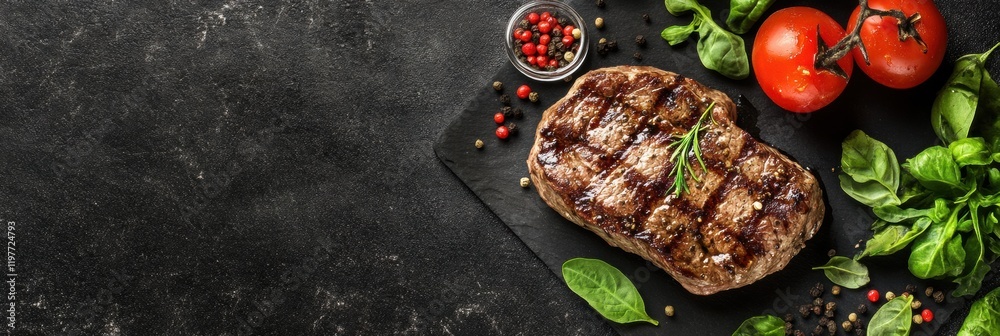 Poster grilled steak garnished with fresh herbs and vegetables on a dark surface suitable for text overlay.