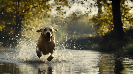 A happy Labrador Retriever runs through a shallow stream, splashing water everywhere. Sunlight filters through the autumn trees in the background, creating a beautiful and serene scene.