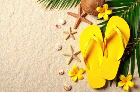 Beach advertising banner with bright yellow beach shoes, palm leaves, shells and coconuts with space for inscription. Flat composition.