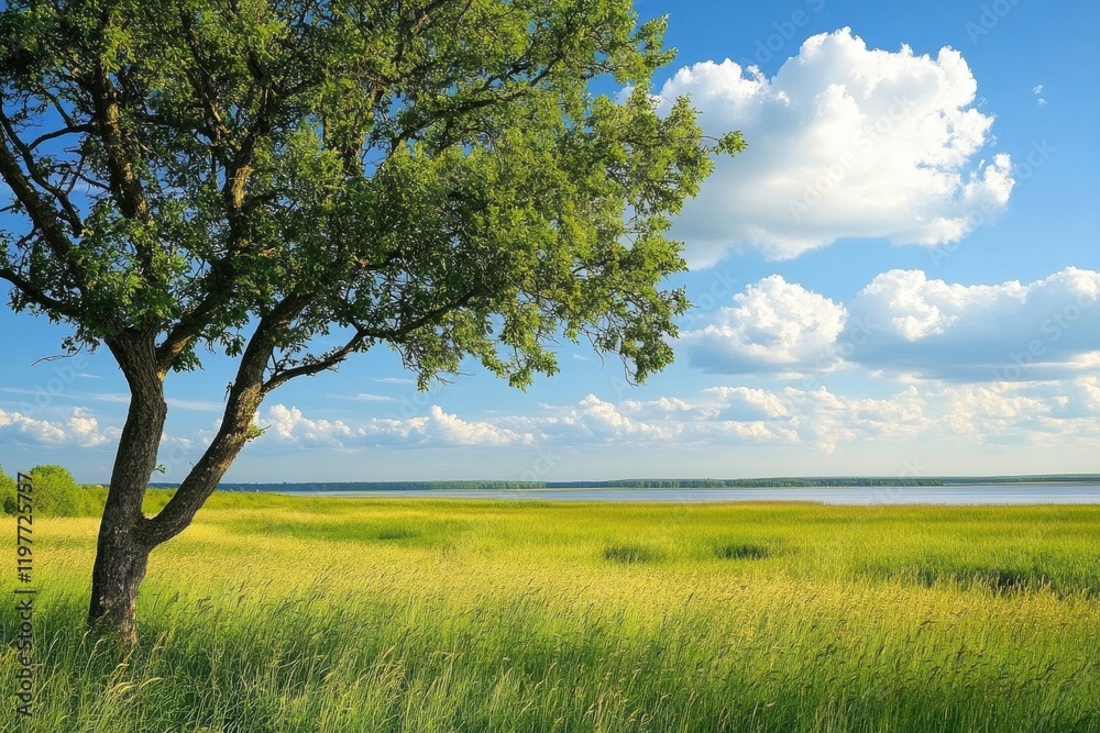 Poster tranquil landscape with a large tree overlooking a serene body of water and lush green fields under 