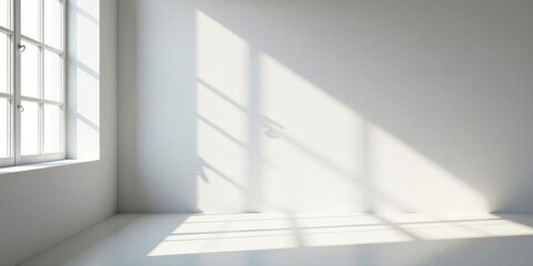 Obraz premium Sunlight streams through a window casting shadows on a pristine white wall in an empty room, creating a minimalist and serene atmosphere.
