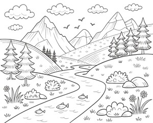 Mountain Landscape Coloring Page with fish, Trees and River. Easy Printable for Letter Size Paper