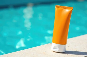An empty orange package of sunscreen stands on the edge of a swimming pool against a blurred background. Cosmetic products concept.