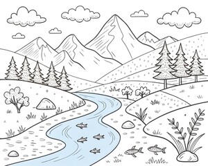 Mountain Landscape Coloring Page with fish, Trees and River. Easy Printable for Letter Size Paper