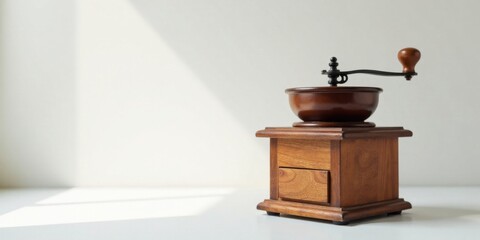 A vintage wooden manual coffee grinder sits on a bright surface, bathed in sunlight