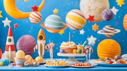 A vibrant space-themed birthday party setup. Colorful planets, rockets, and stars adorn a blue background, surrounding a delicious cake and sweet treats. Perfect for invitations, blogs, and more!
