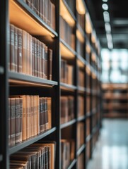 Obraz premium Rows of books on a library shelf, symbolizing knowledge and learning.
