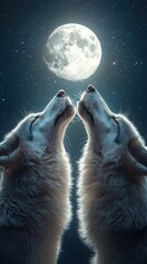 Naklejka premium Spectral wolves howling under moonlight enchanted forest wildlife mystical atmosphere close-up viewpoint