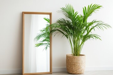 Tall wooden framed mirror beside a potted palm plant