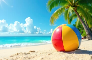 A colored beach ball lies on a sandy beach near a palm tree overlooking the azure sea.
