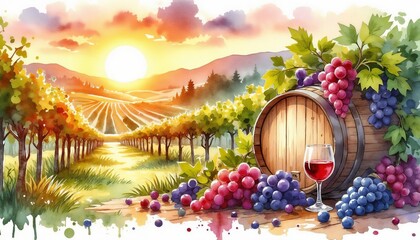 Watercolor vineyard scene with wine barrel, glass, and grapes at sunset