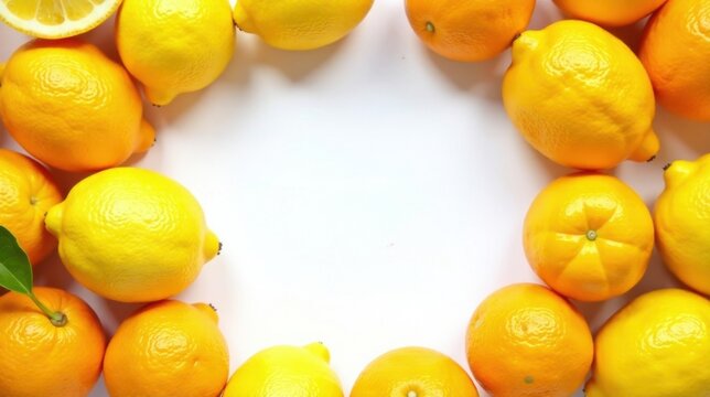 A vibrant arrangement of citrus fruits, lemons and oranges, encircling a pristine white background, creating a refreshing and zesty composition perfect for culinary or health-related themes.