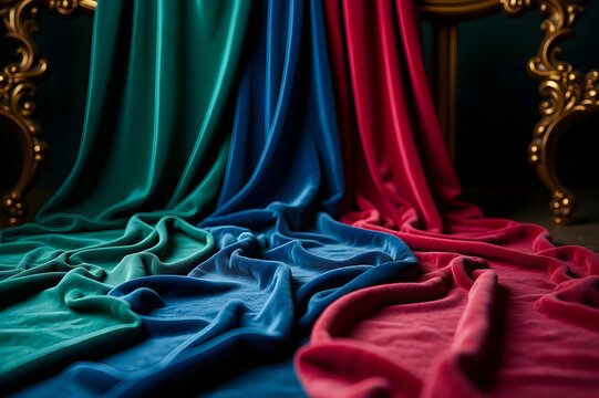 luxurious velvet fabric drapes elegantly over a ornate, golden display stand, its rich, jewel-toned hues of emerald green, sapphire blue, and ruby red illuminated by dramatic