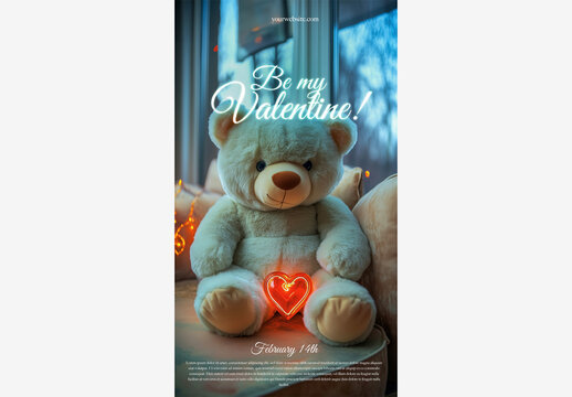 Valentine's Day Template: Captivating Teddy Bear with Glowing Heart on Bed - Enjoy a Romantic Touch
