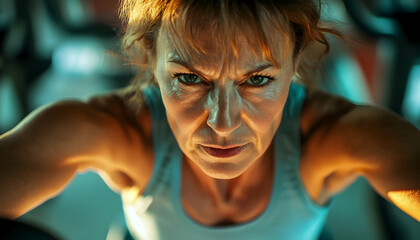 Middle-aged woman engaged in a spinning class at a gym, radiating energy and determination -