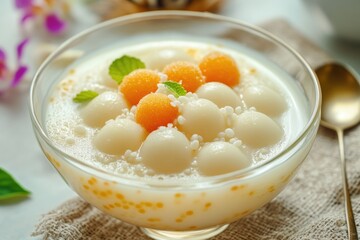 Bright and refreshing dessert bowl with yogurt, fruits, mint leaves on a dining table.