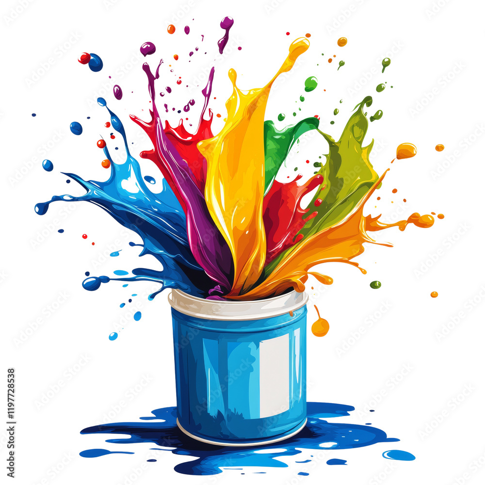 Poster a blue paint can with a dynamic explosion of multicolored paint splashes, showcasing vibrant colors 