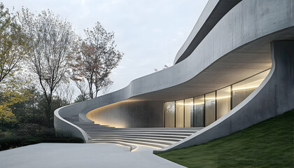 Fototapeta premium Minimalist architecture with open concrete spaces, curved walls, and showcase courtyard design -