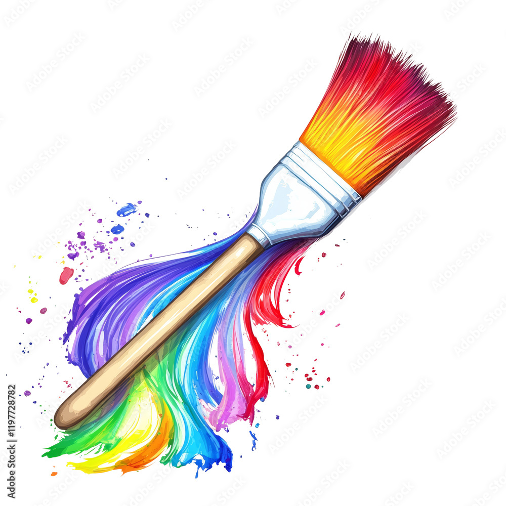 Aufkleber a paintbrush dynamically splashes vibrant rainbow colors creating an artistic and expressive visual.