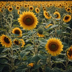 Fototapeta premium Bright yellow sunflowers in a summer meadow.