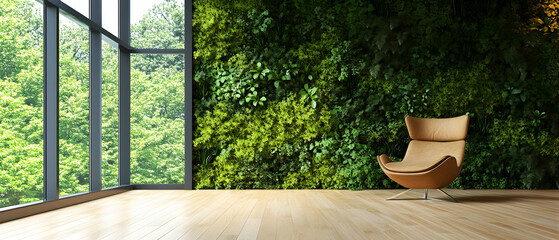 Fototapeta premium Minimalist room with wooden flooring and vibrant green wall for text placement -