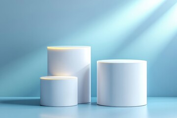 Three White Cylindrical Displays on Blue Background
