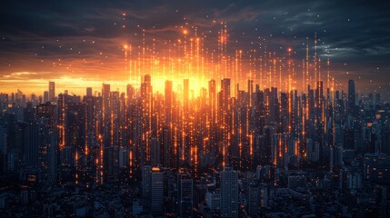 Cityscape Sunset Digital Network Glow.