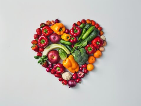 A heart shaped arrangement of fresh fruits and vegetables promoting healthy eating habits.