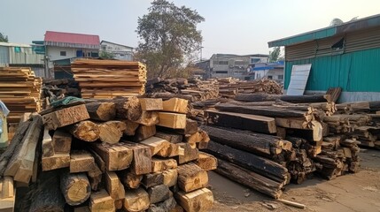 Lumber Yard: Stacked Timber and Wood Logs