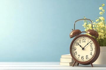 Naklejka premium Vintage Alarm Clock and Flowers - A brown vintage alarm clock sits on books next to a vase of yellow flowers against a light blue background.
