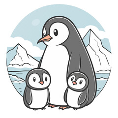 Obraz premium Penguin family huddling together in Antarctic snow, showcasing love and warmth in a cold environment.