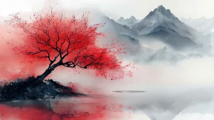 Serene autumn tree by misty mountain lake: capturing nature's tranquility and beauty