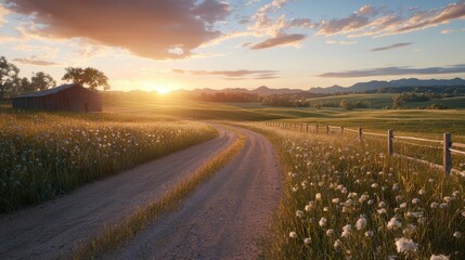 Naklejka premium Scenic sunset over rolling hills countryside road nature serene environment landscape view crimson light details