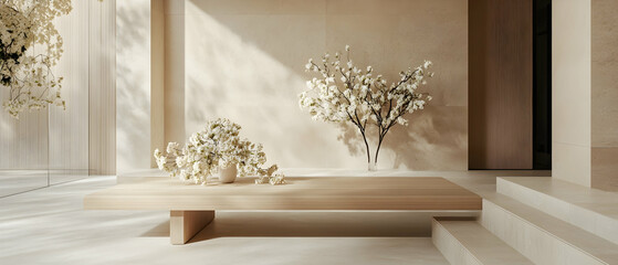 Neutral minimalist home interior with a flower-adorned beige wooden table  -