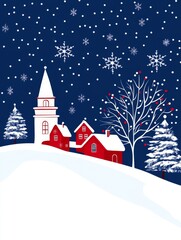 Vintage Snowy Christmas Village Landscape - Festive winter scene, snowy village houses, church steeple, falling snowflakes, winter trees, joyful holiday spirit.