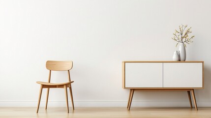Minimalist Chair and Sideboard in Modern Interior, Scandinavian minimal sideboard with chair concept.
