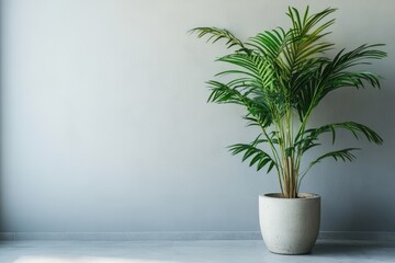 Fototapeta premium A potted palm plant stands against a light gray wall
