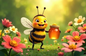An animated bee with a jar of honey stands in a flower meadow.