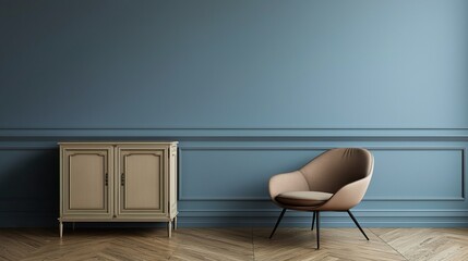 Modern Living Room with Stylish Chair and Elegant Cabinet Design, Scandinavian vintage wood cabinet with chair concept.