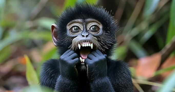 Playful monkey in jungle, teeth bared