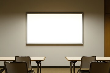 Empty Classroom With Blank Whiteboard And Tables